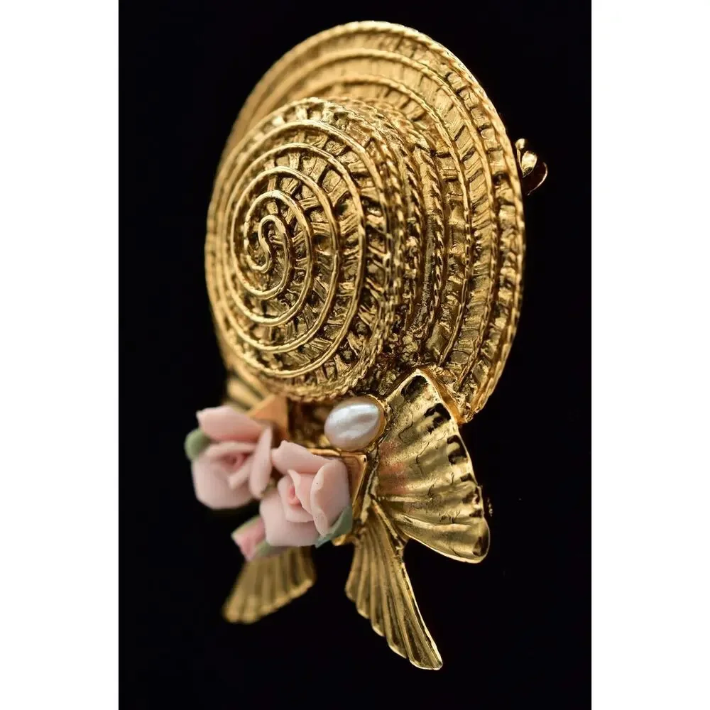 1928 Vintage Sun Hat Brooch Pin Pearl Pink Rose Bow Gold Chunky 1980s BinBK